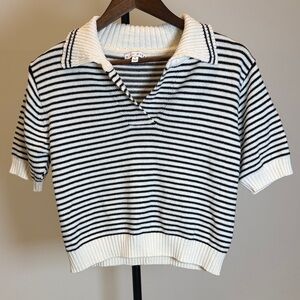 Miou Muse Striped Short Sleeve Knit Sweater Polo - Cream/Black. Size S